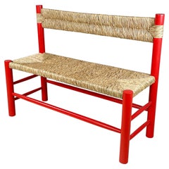 Banc italien moderne du milieu du siècle dernier en bois rouge et paille, 1970