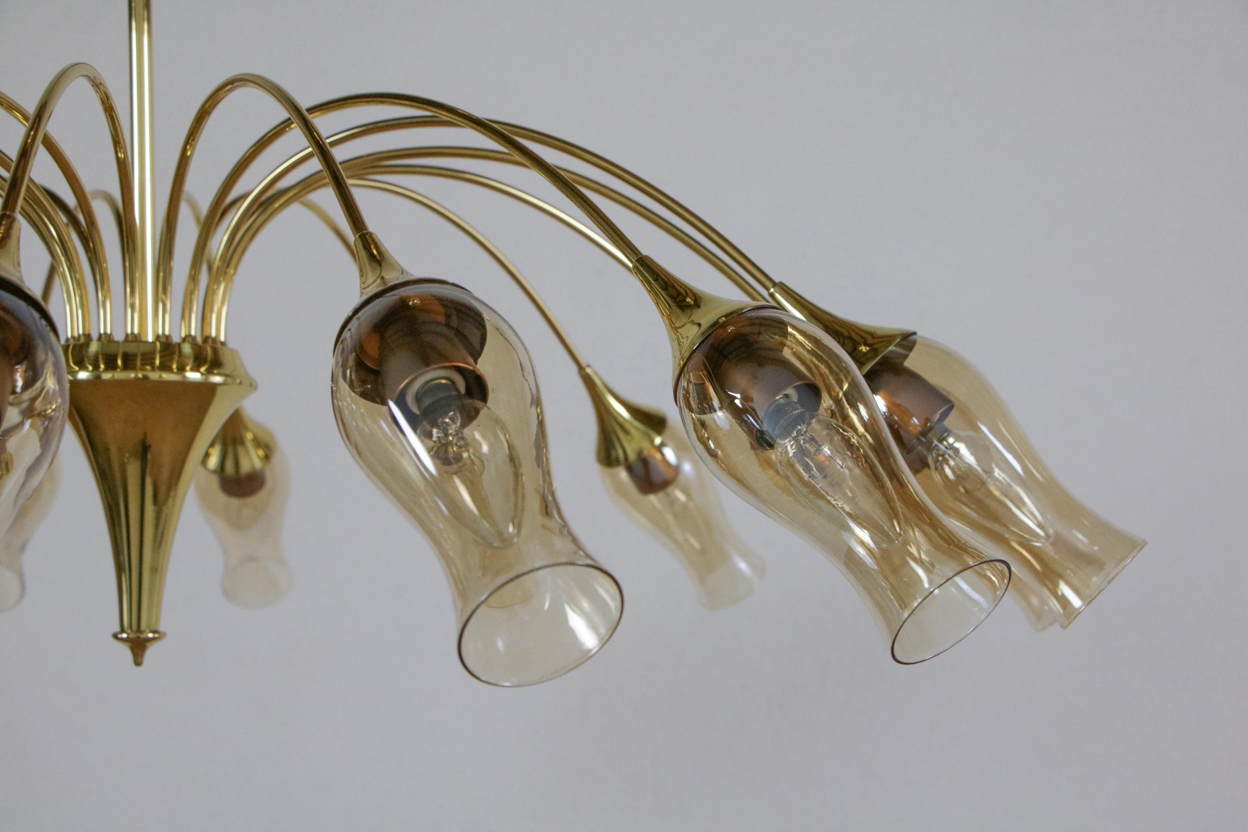 Italian Mid-Century Modern Big Spider Murano Glass Chandelier, Gold Color, 1950s For Sale 3