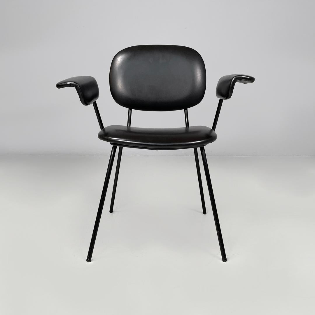 Italian mid-century modern black faux leather and black metal armchair, 1960s
Armchair or office chair with armrests padded and covered in black faux leather and black painted metal. The seat and backrest have a rounded shape, while the armrests are