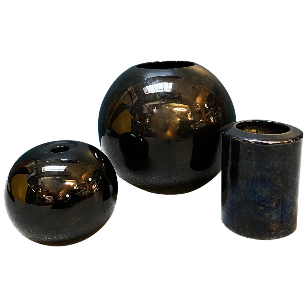 Italian Mid-Century Modern Black Glazed Ceramic Vases, 1970s