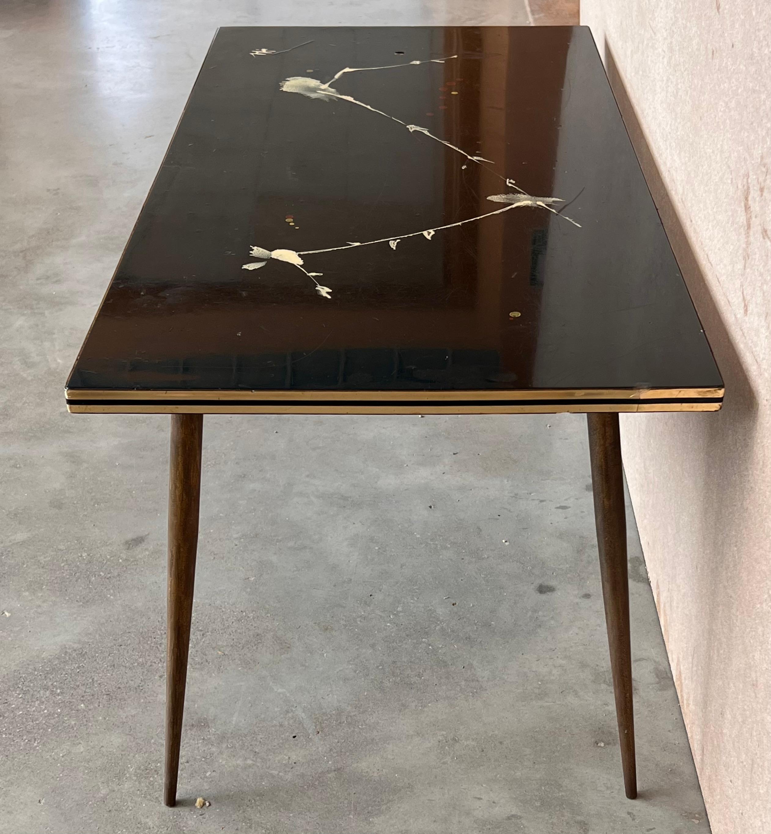 Italian Mid-Century Modern Black & Gold Coffee Table with Abstract Painting Top In Good Condition For Sale In Miami, FL