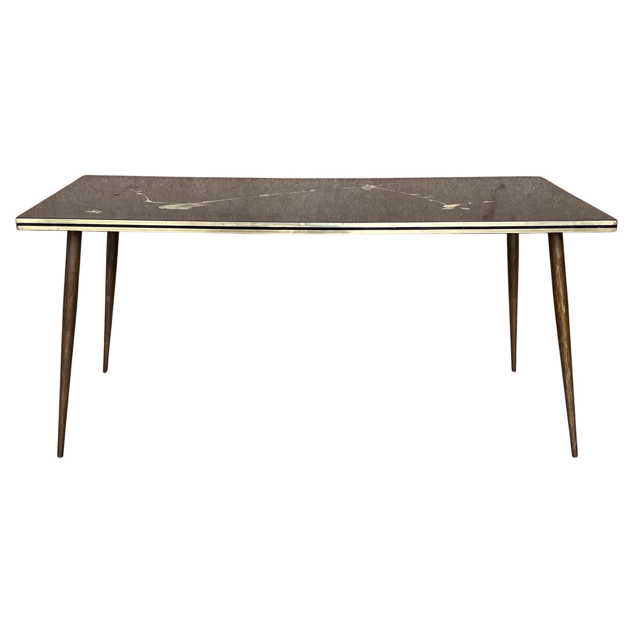 Italian Mid-Century Modern Black & Gold Coffee Table with Abstract Painting Top For Sale