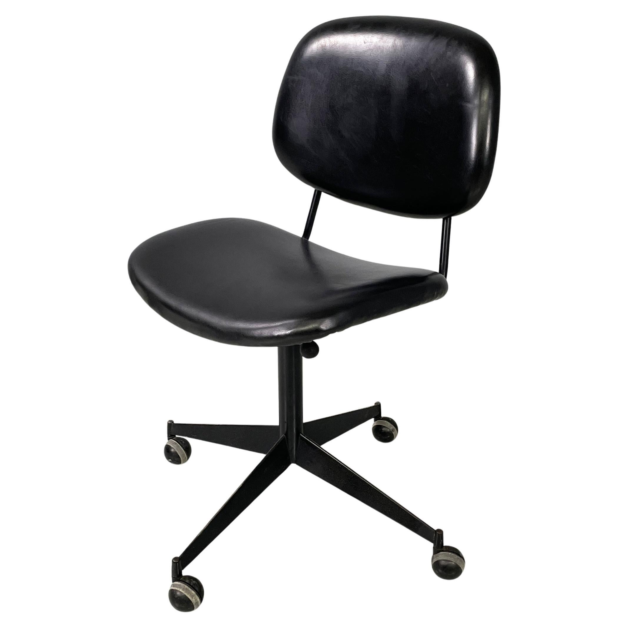 Italian mid-century modern black leather  metal office chair by Olivetti, 1960s