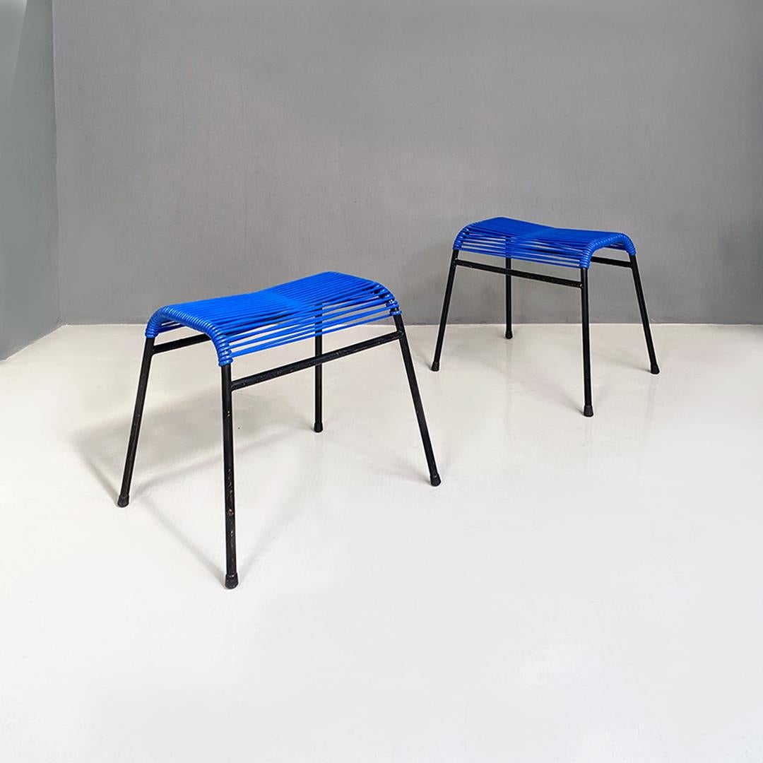 Italian Mid-Century Modern Black Metal and Blue Plastic Footrests or Stools 1960 In Good Condition For Sale In MIlano, IT