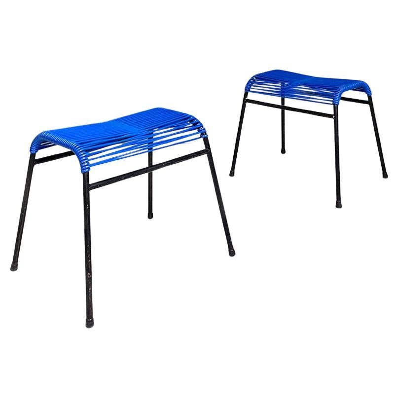 Italian Mid-Century Modern Black Metal and Blue Plastic Footrests or Stools 1960 For Sale