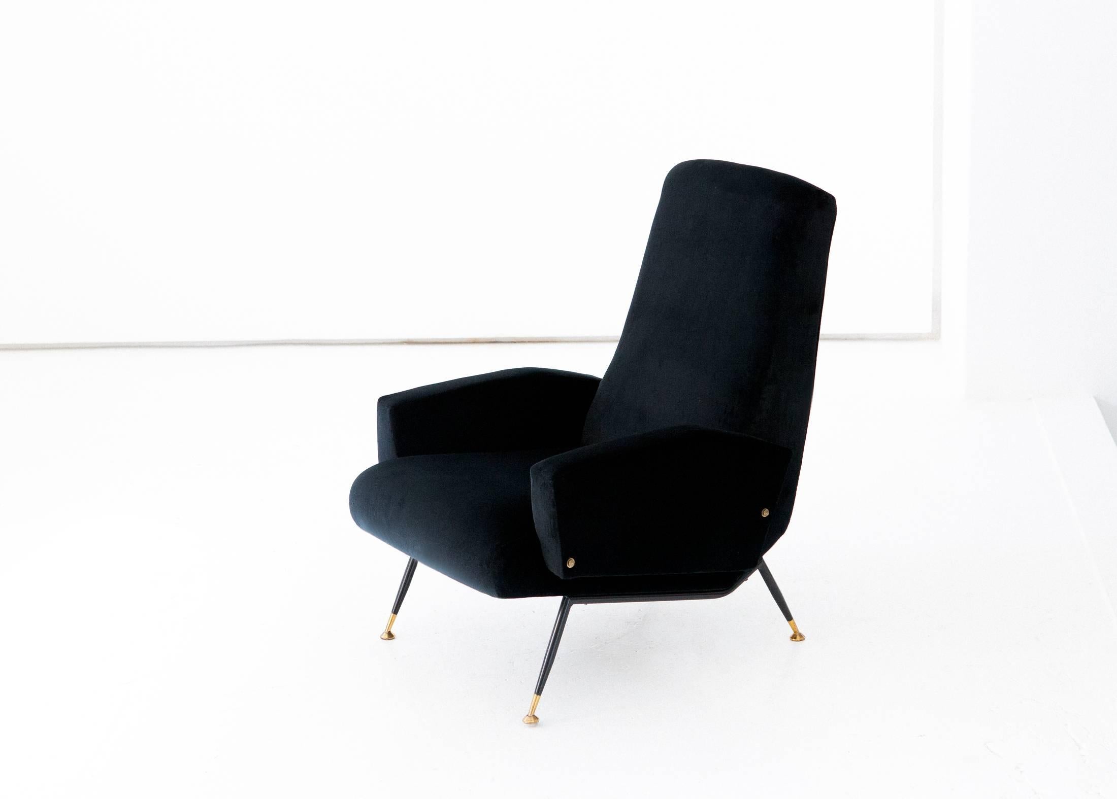 A modern lounge chair manufactured in Italy in 1950's
Designed by Nino Zoncada
This easy chair with armrests is fully restored with new padding, new black velvet coating and new black enamel on the frame,the brass with its original patina.
  
