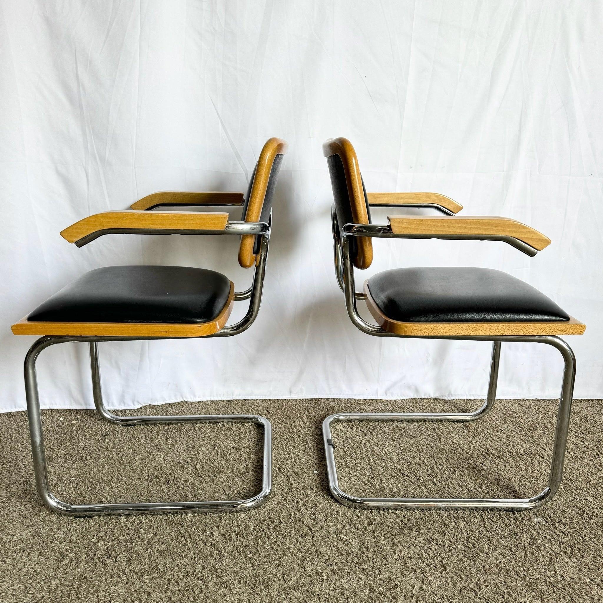 Italian Mid Century Modern Black Vinyl and Chrome Cantilever Chairs - Set of 4 For Sale 1