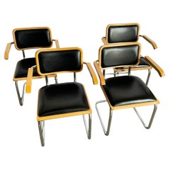 Italian Mid Century Modern Black Vinyl and Chrome Cantilever Chairs - Set of 4