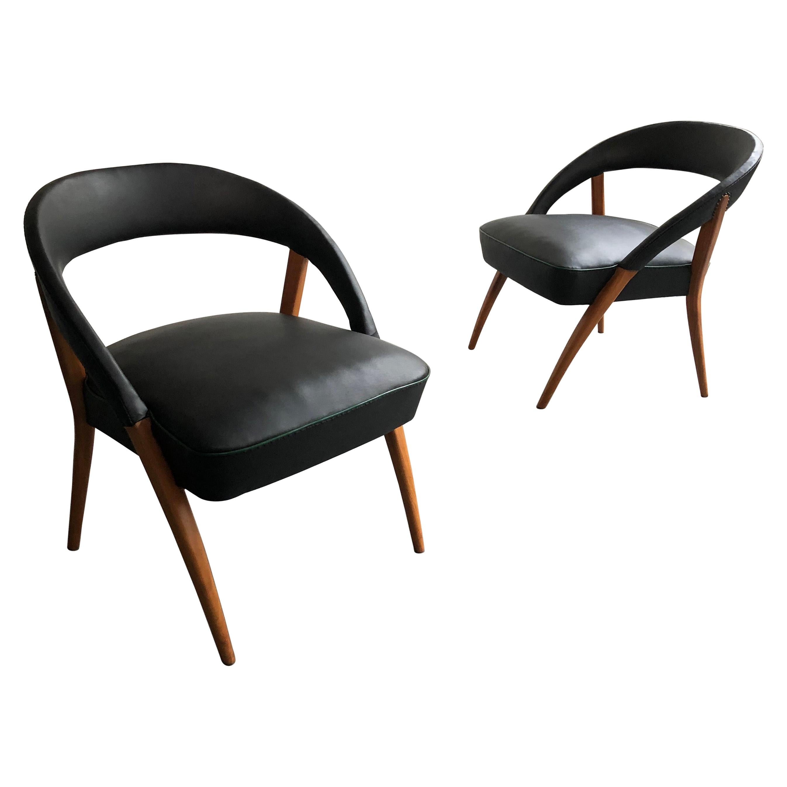 Italian Mid-Century Modern Black Vinyl Lounge Chairs
