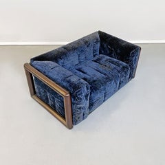 Italian Mid-Century Modern Blue Corduroy Sofa Cornaro by C. Scarpa, Gavina, 1973