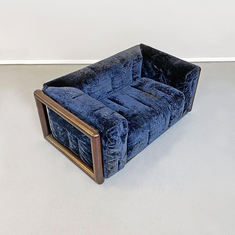 Italian MidCentury Modern Blue Corduroy Sofa Cornaro by C. Scarpa
