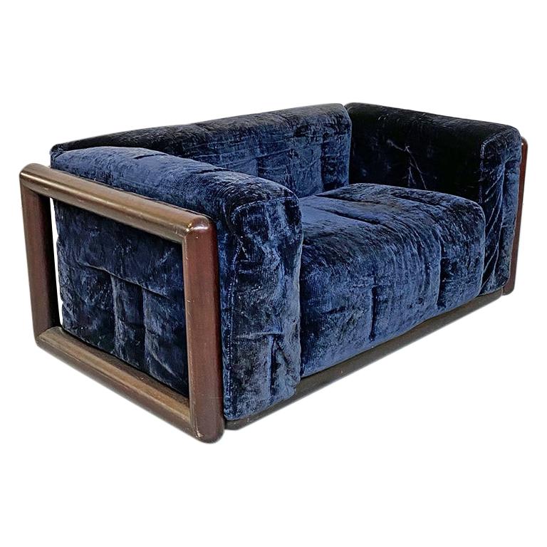 Italian MidCentury Modern Blue Corduroy Sofa Cornaro by C. Scarpa