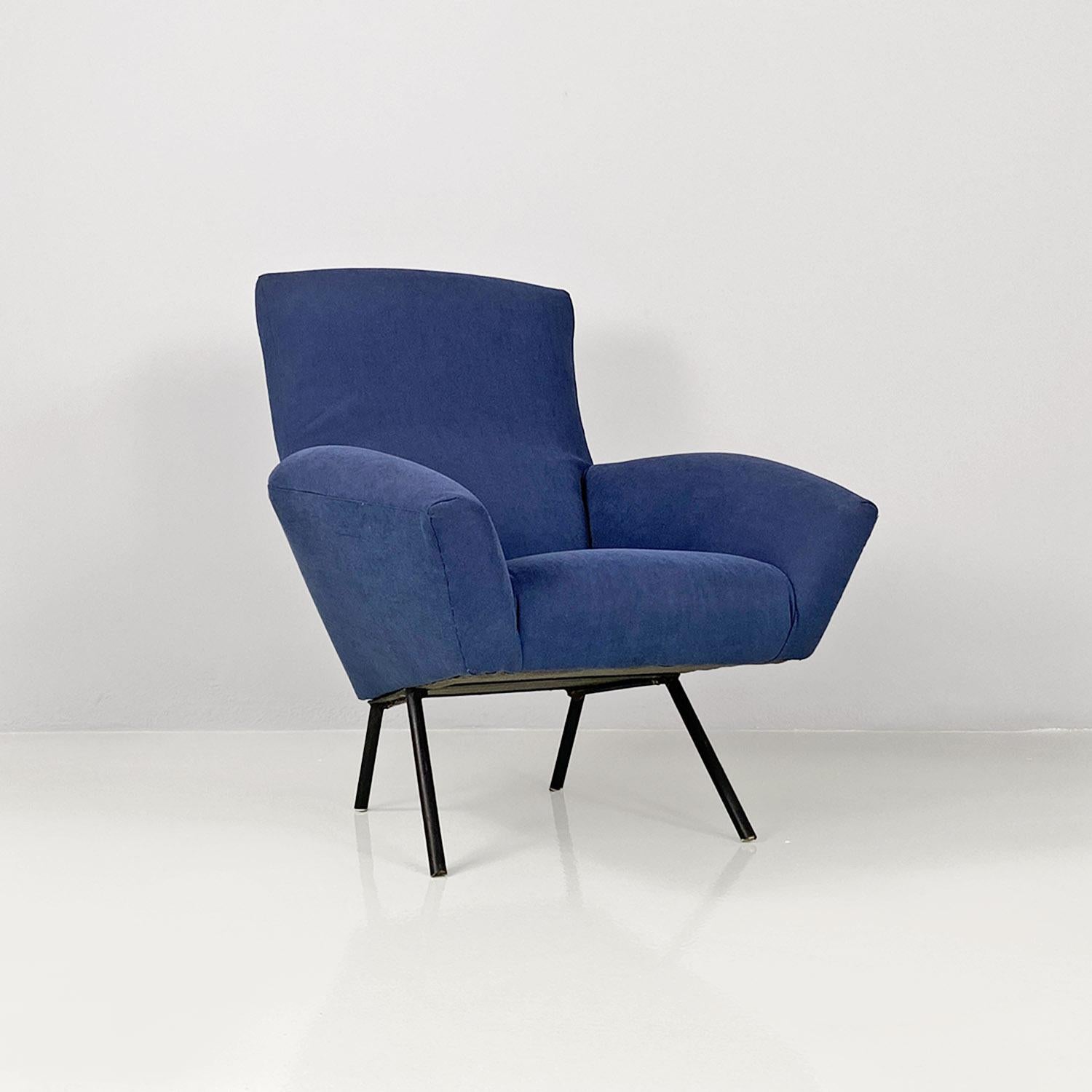 Mid-20th Century Italian mid-century modern blue fabric and black metal armchairs, 1960s For Sale