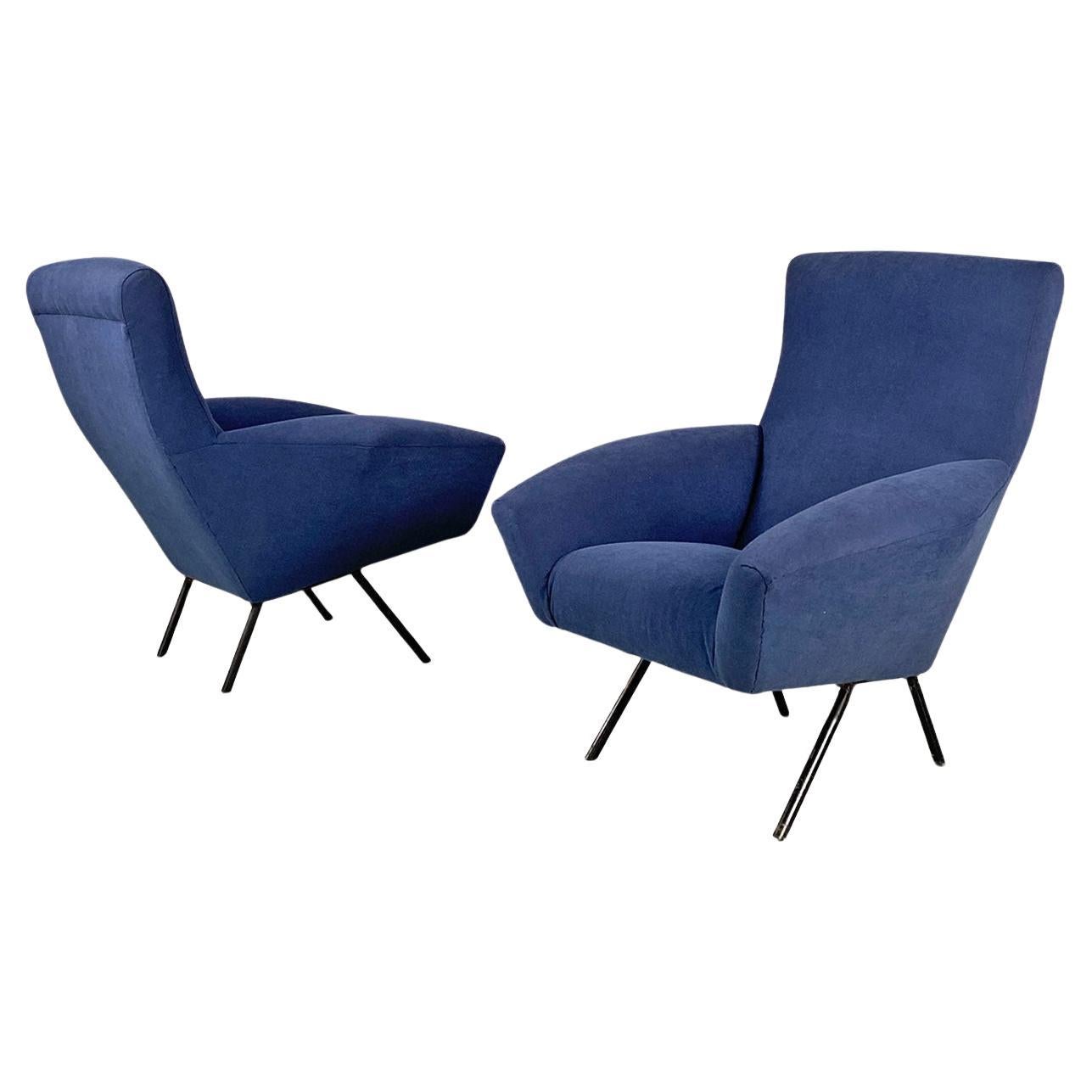 Italian mid-century modern blue fabric and black metal armchairs, 1960s
