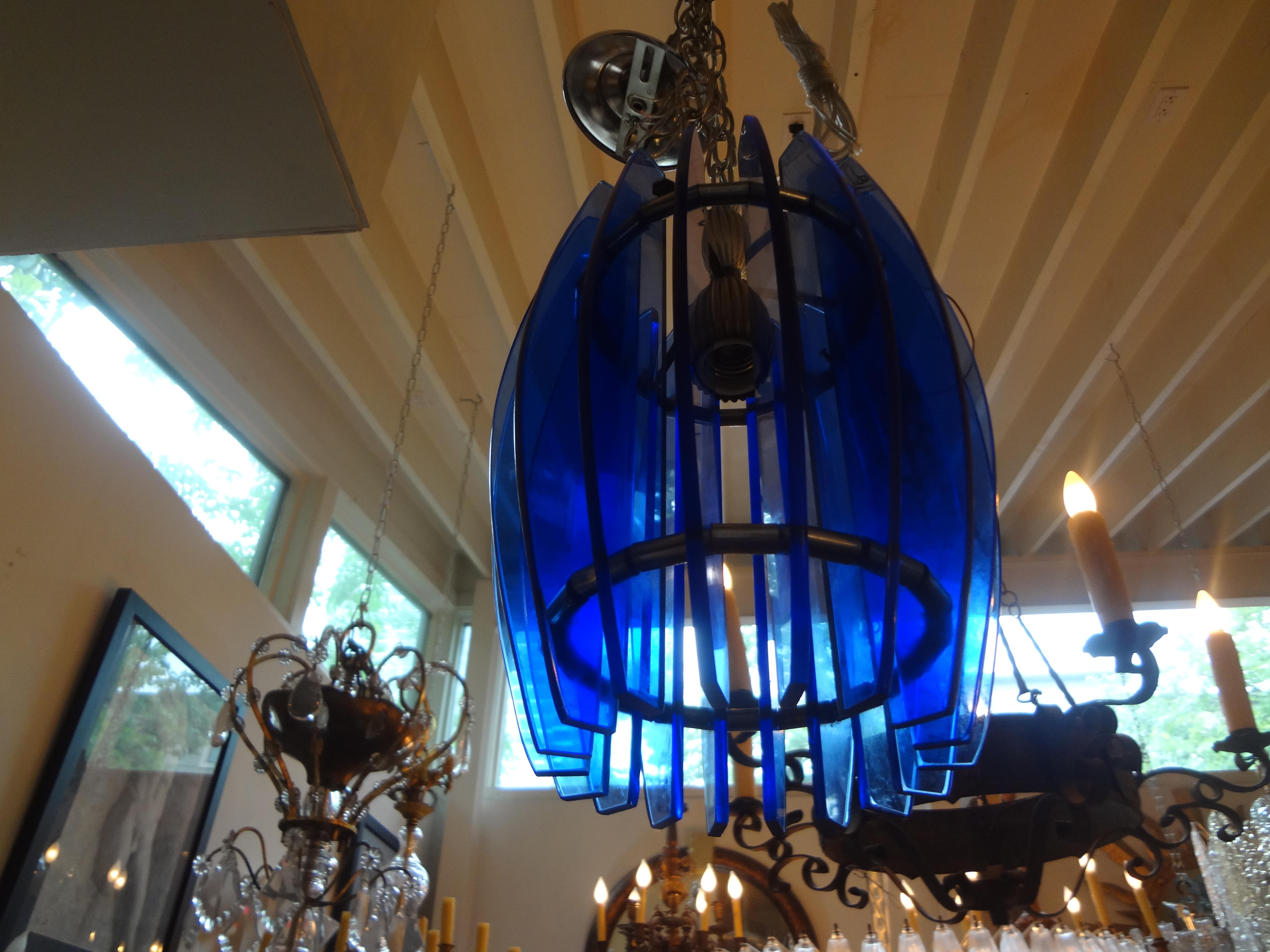 Italian Mid-Century Modern Blue Glass Chandelier or Pendant by Veca In Good Condition In Houston, TX