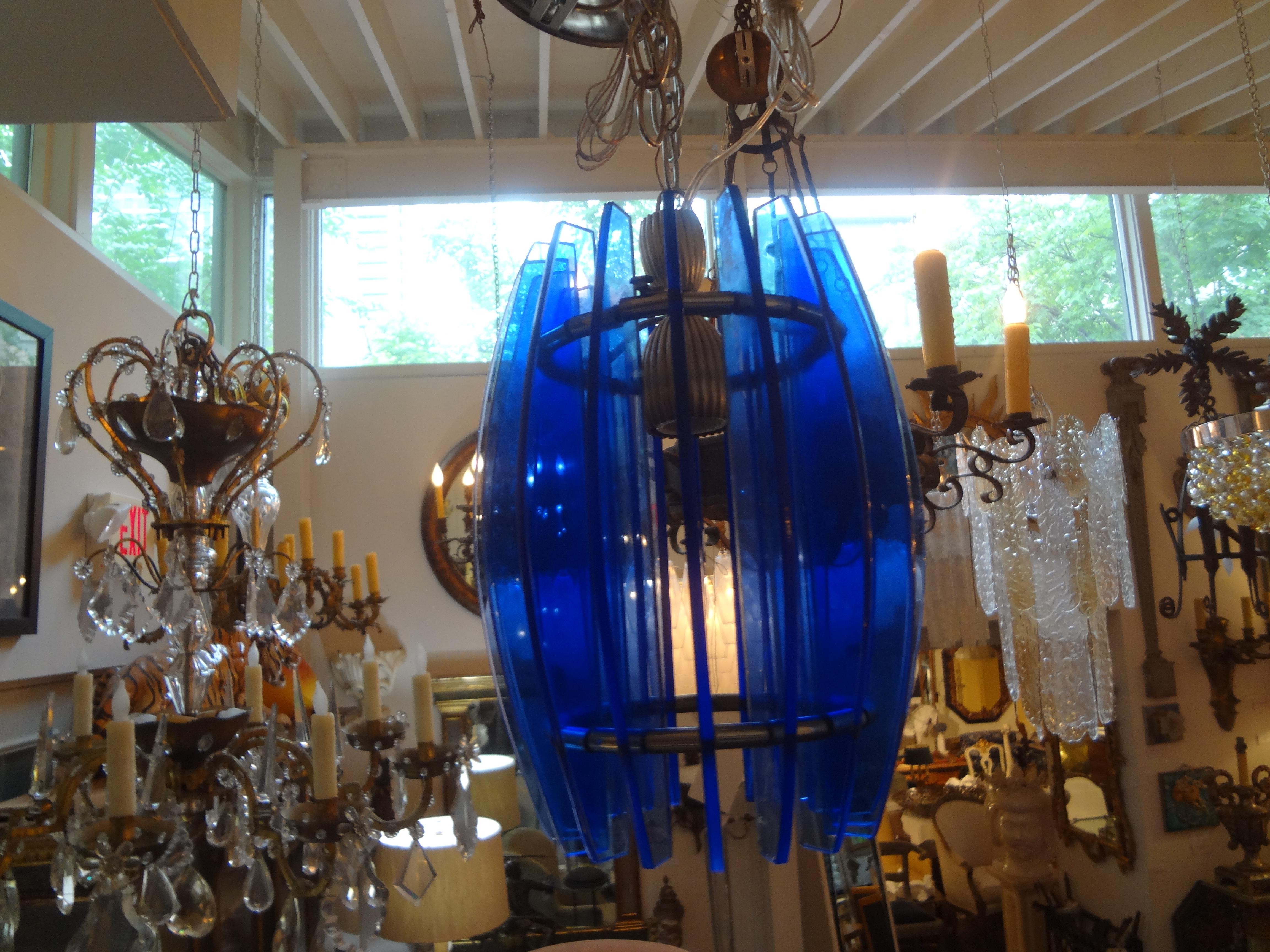 Italian Mid-Century Modern Blue Glass Chandelier or Pendant by Veca For Sale 4