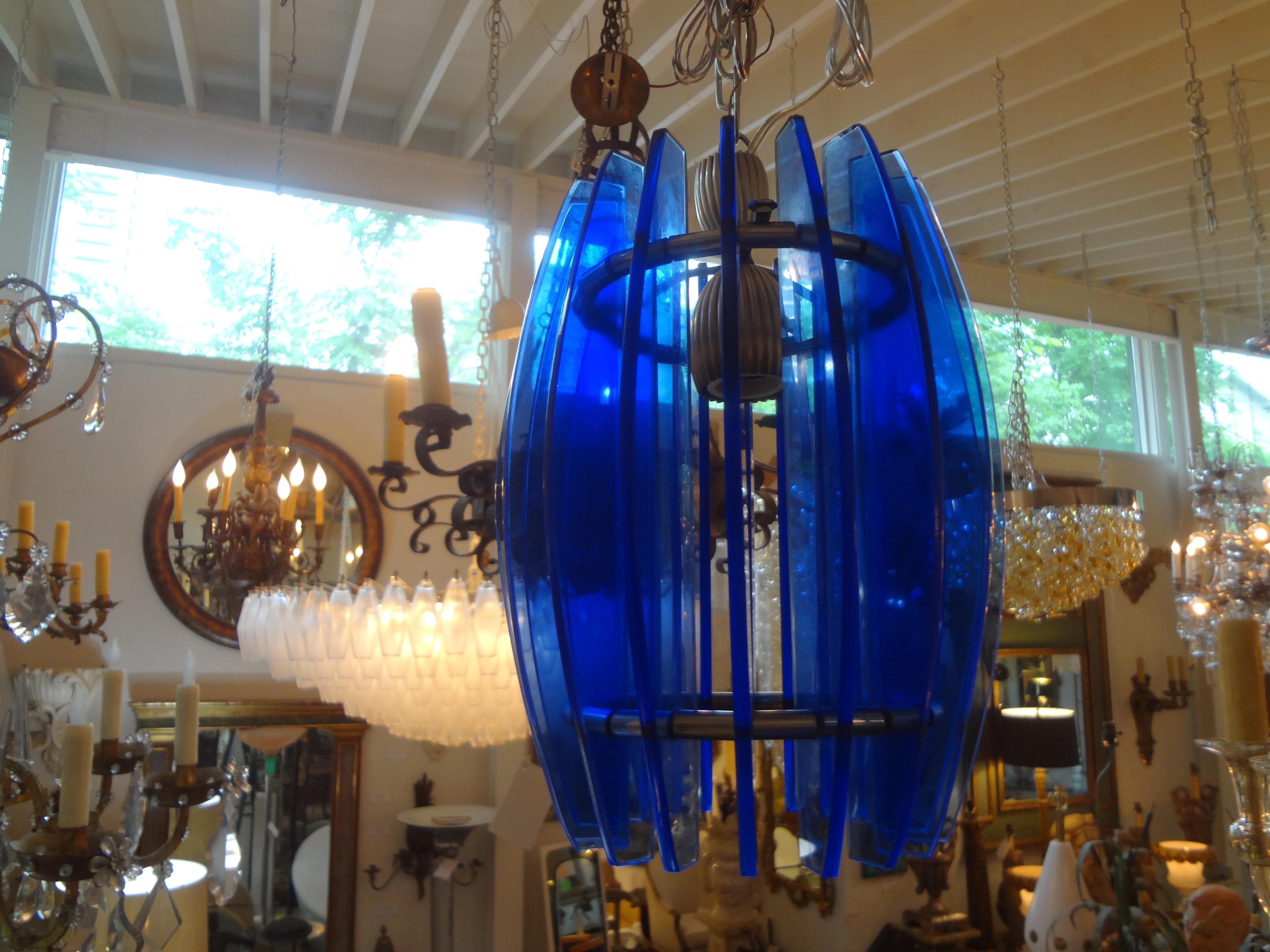 Italian Mid-Century Modern Blue Glass Chandelier or Pendant by Veca For Sale 5