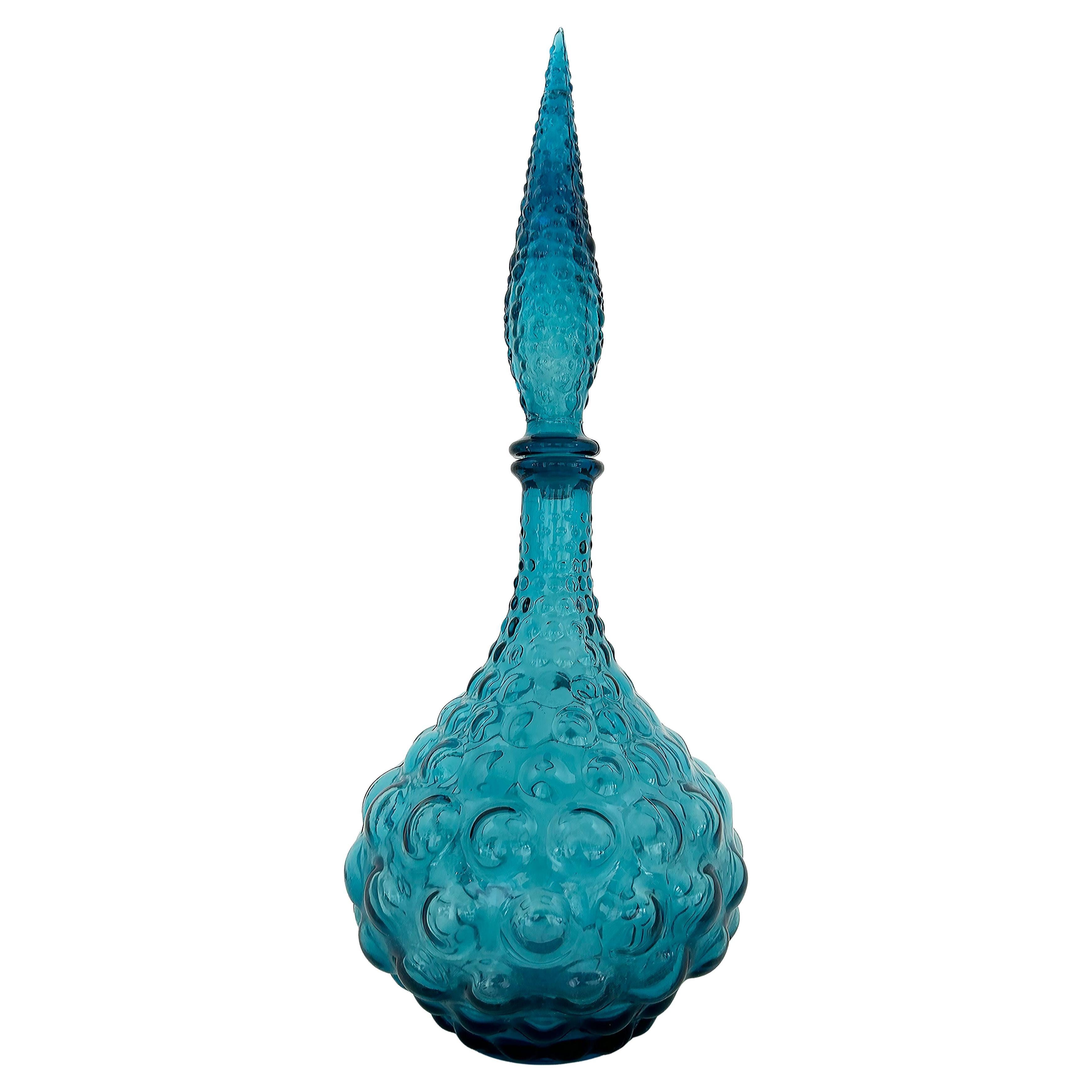 Decantador y tapón de vidrio burbuja Hobnail azul italiano moderno de mediados de siglo
