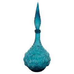 Italian Mid-century Modern Blue Hobnail Bubble Glass Decanter and Stopper