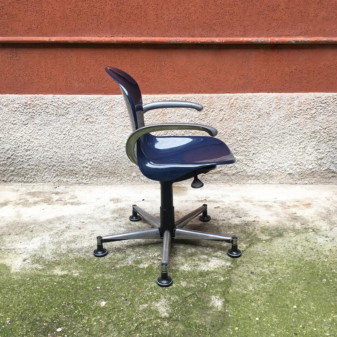 Metal Italian Mid-Century Modern Blue Plastic Swivel Chair with Armrests, 1970s