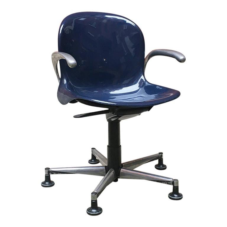 Italian Mid-Century Modern Blue Plastic Swivel Chair with Armrests, 1970s