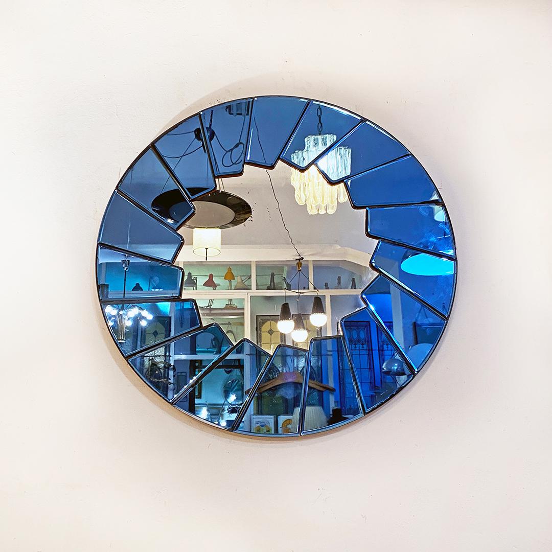 Mid-20th Century Italian Mid-Century Modern Blue Round Mirror with Glass Frame, 1960s For Sale