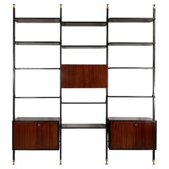 Italian mid-century modern bookcase in wood, brass and black metal, 1960s