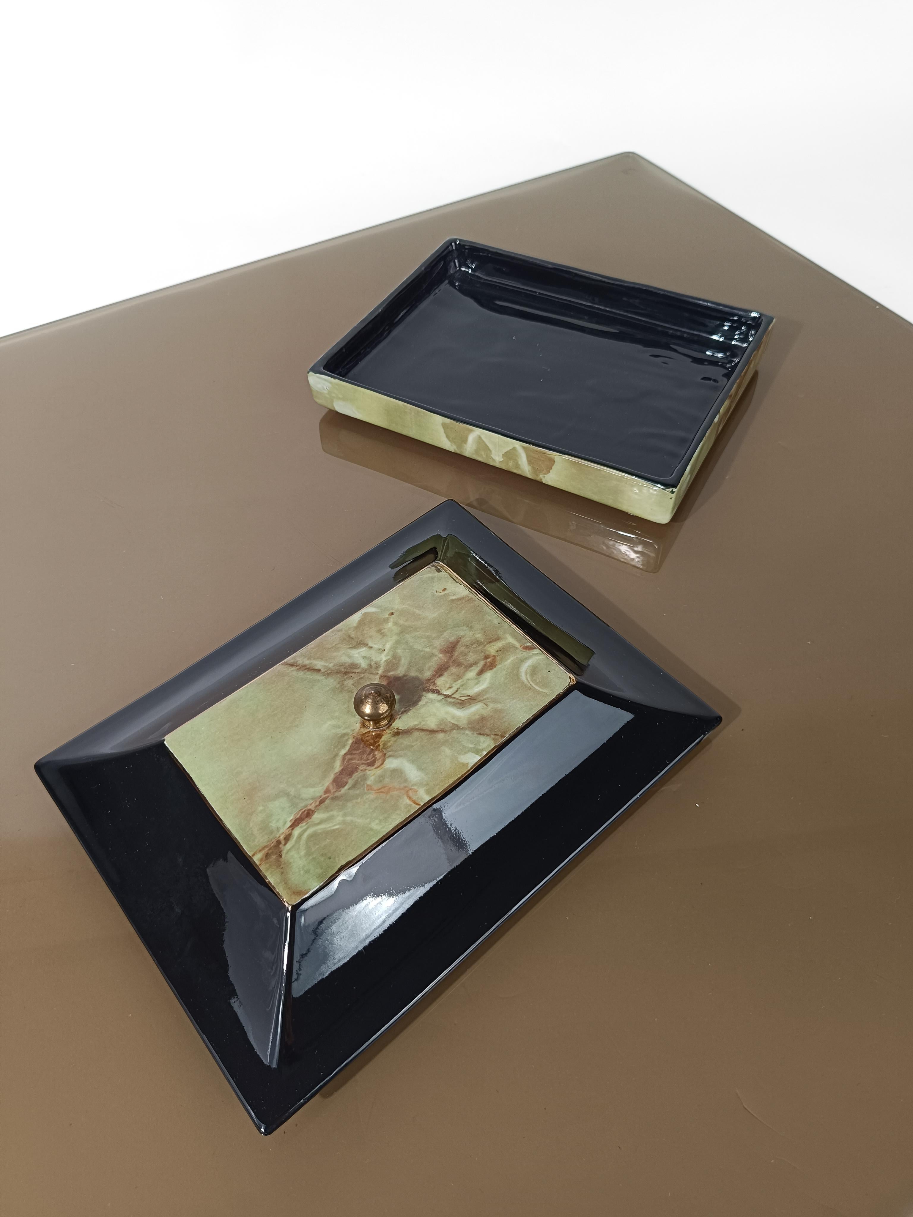  Italian Mid Century Modern Box by Tommaso Barbi in glazed ceramic in faux onyx  For Sale 1