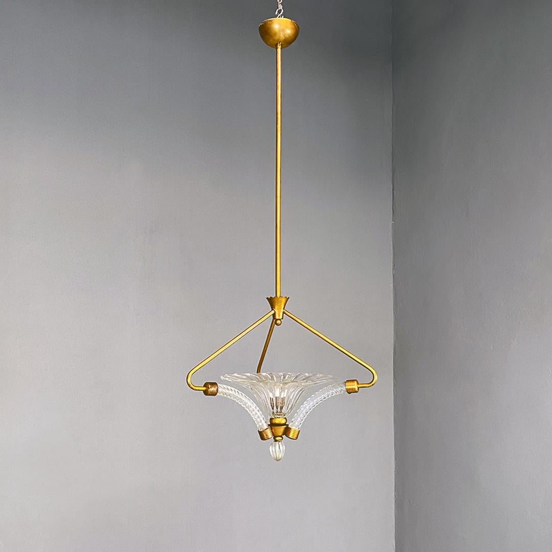 Italian mid century modern brass and art glass chandelier, 1940s For Sale 4