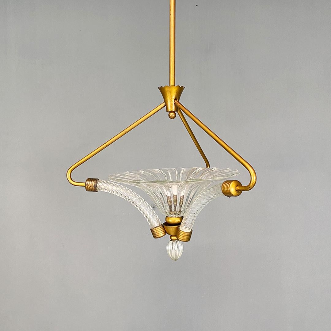 Italian mid century modern brass and art glass chandelier, 1940s For Sale 6