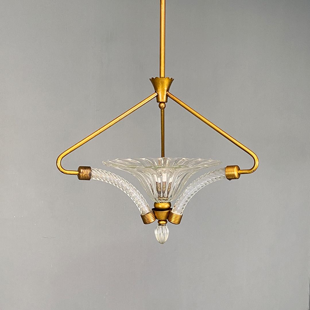 Italian mid century modern brass and art glass chandelier, 1940s For Sale 7