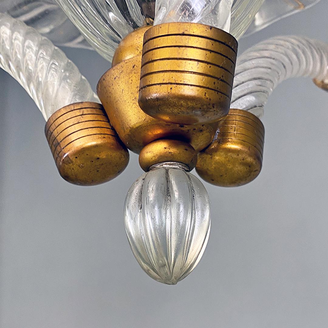Mid-20th Century Italian mid century modern brass and art glass chandelier, 1940s For Sale