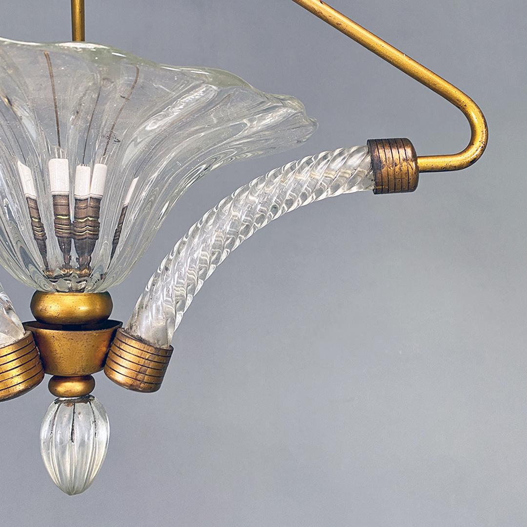 Italian mid century modern brass and art glass chandelier, 1940s For Sale 1