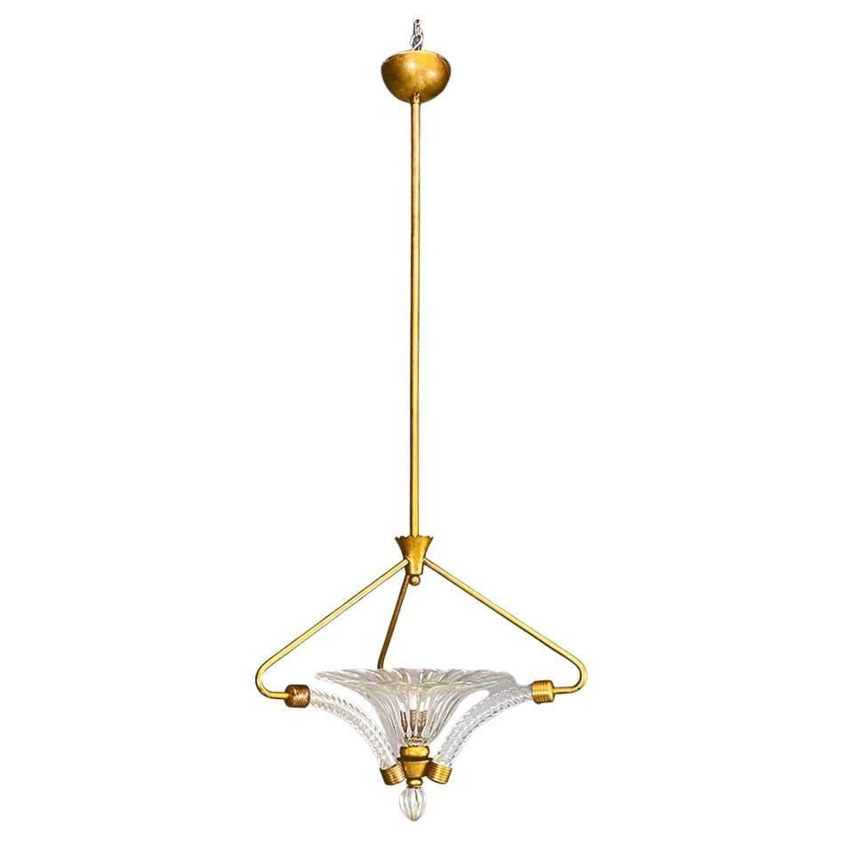 Italian mid century modern brass and art glass chandelier, 1940s