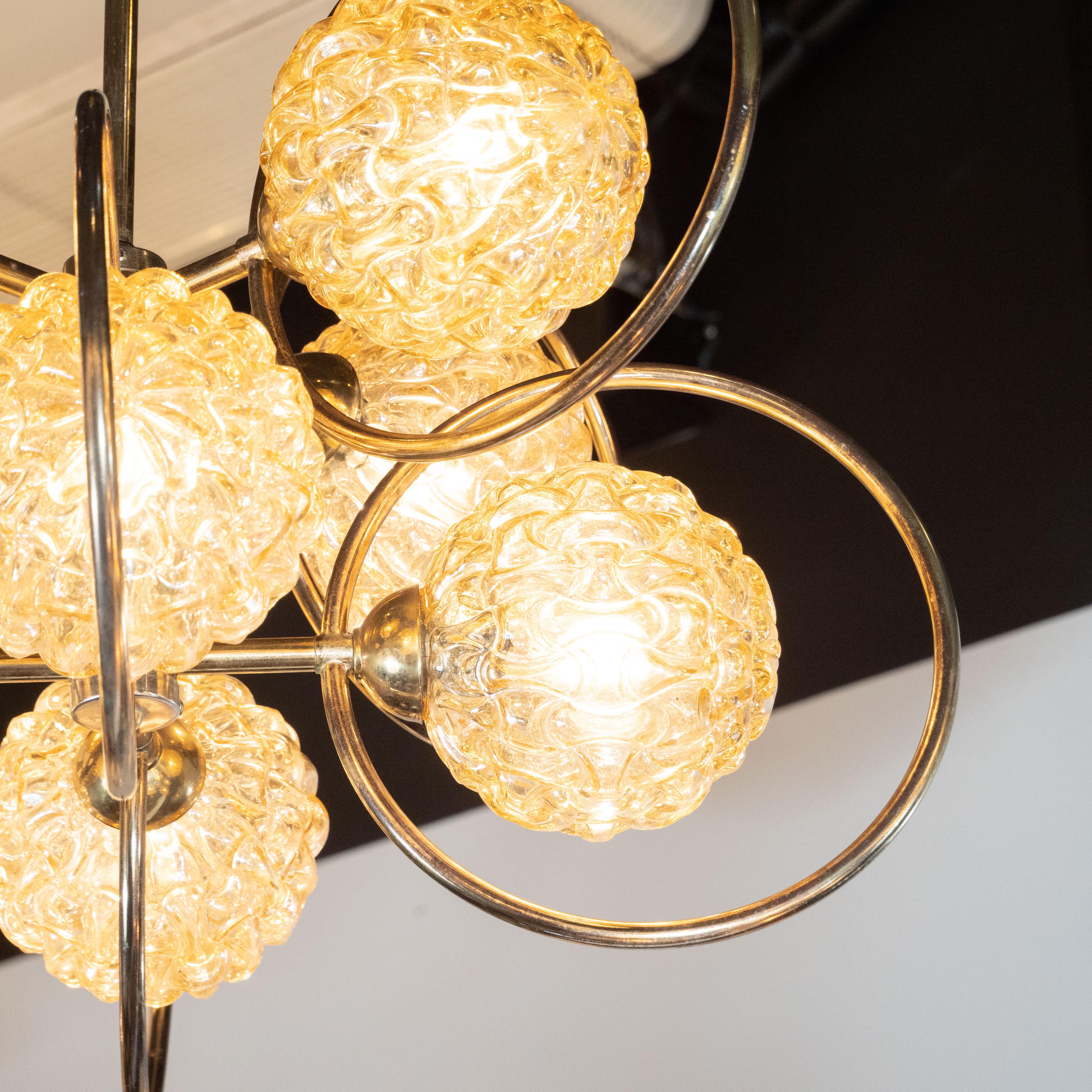 Italian Mid-Century Modern Brass and Champagne-Colored Textural Glass Chandelier 1
