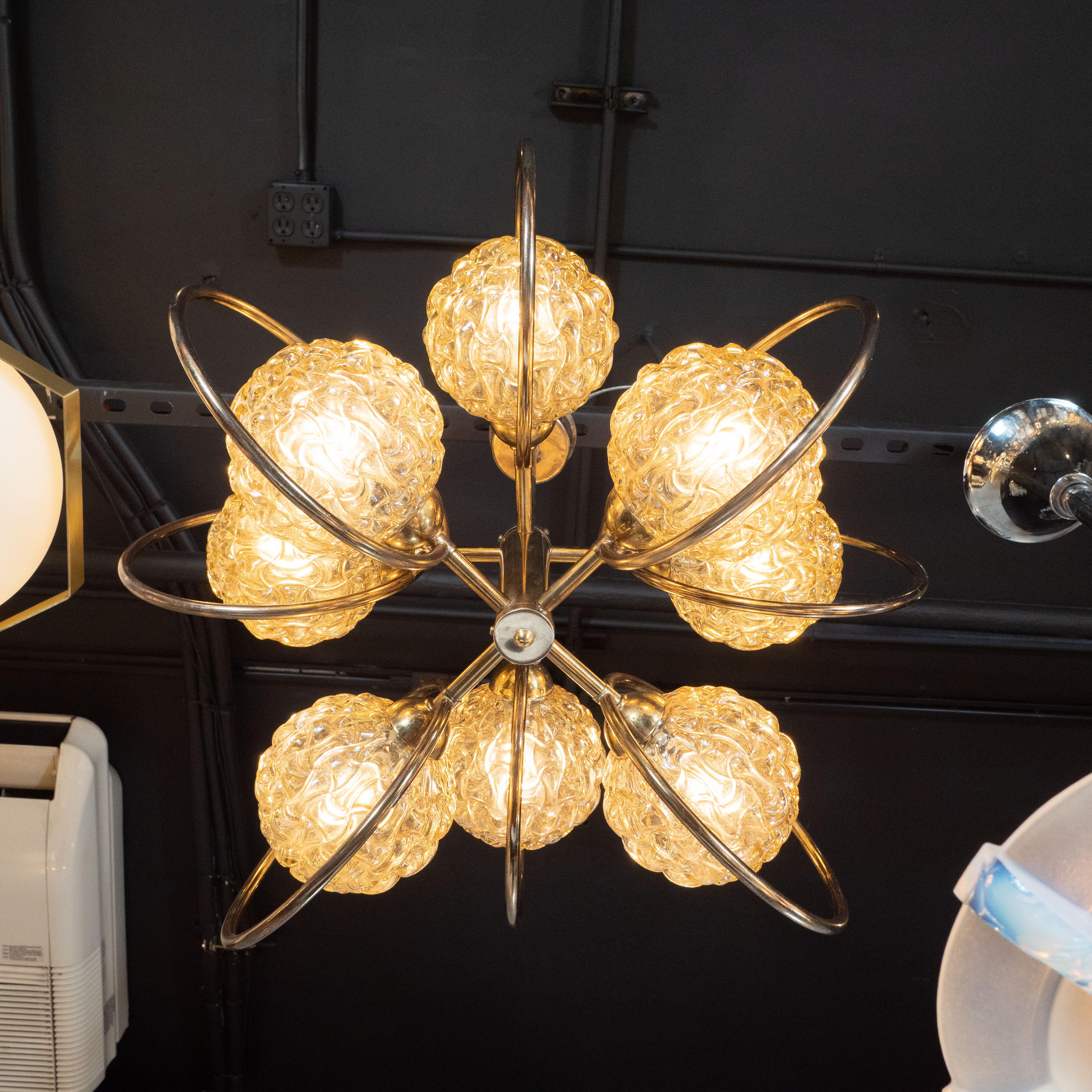 Italian Mid-Century Modern Brass and Champagne-Colored Textural Glass Chandelier 2
