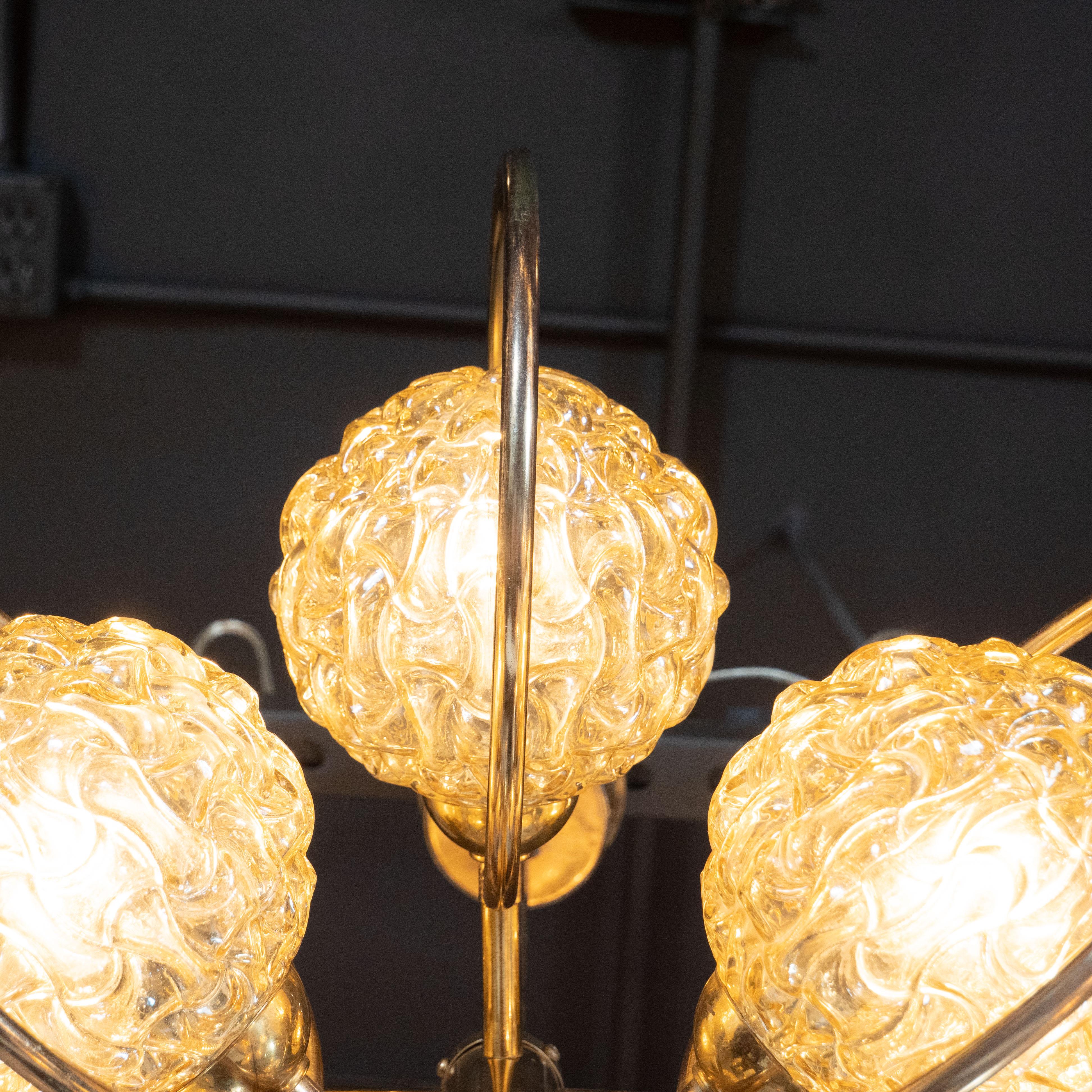 Italian Mid-Century Modern Brass and Champagne-Colored Textural Glass Chandelier 3