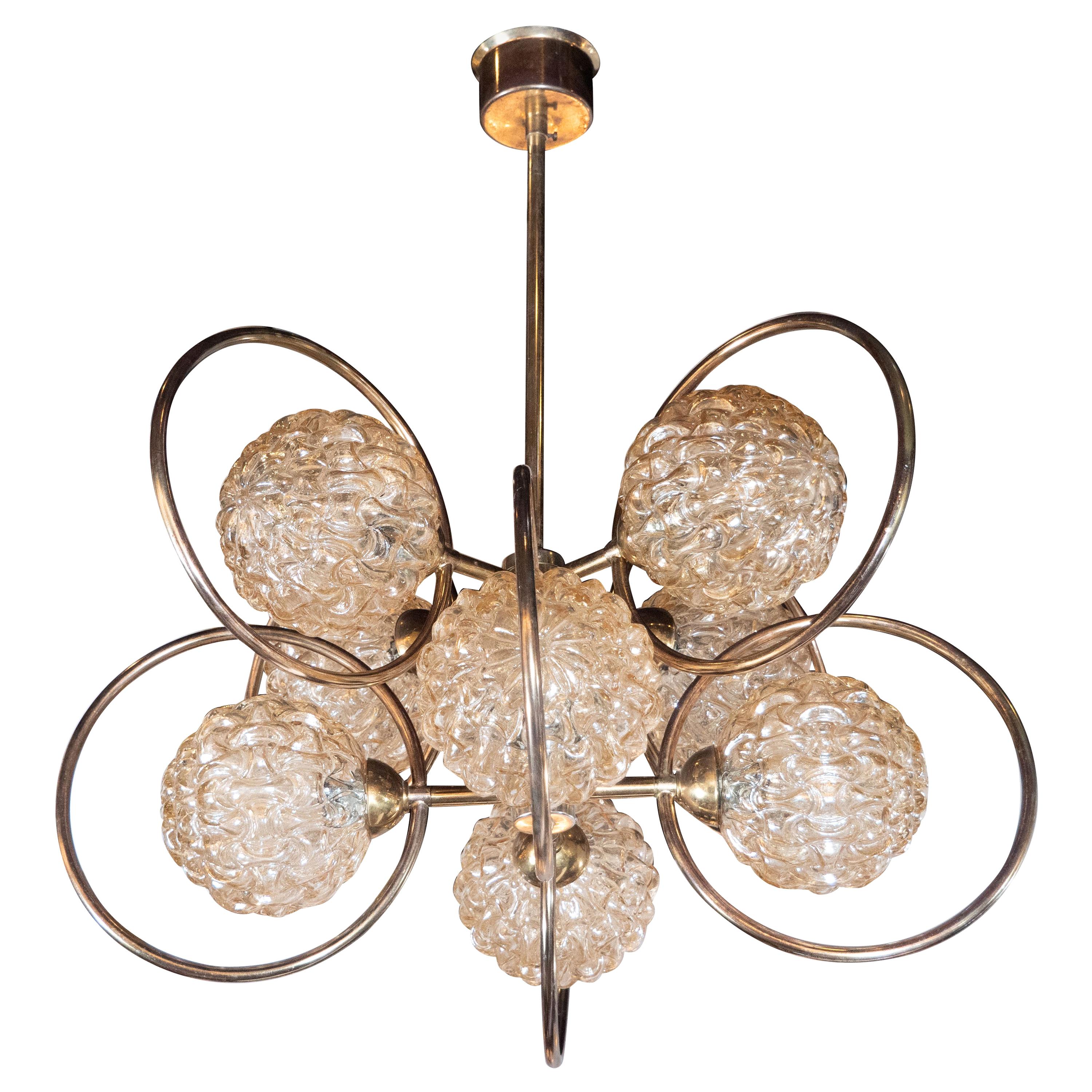 Italian Mid-Century Modern Brass and Champagne-Colored Textural Glass Chandelier