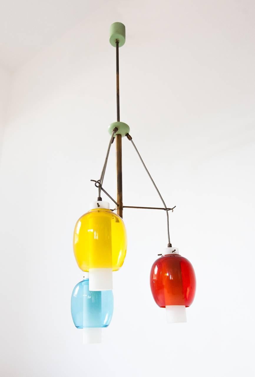 Mid-Century Modern Italian Midcentury Modern Brass and Colored Glass Chandelier, 1950s