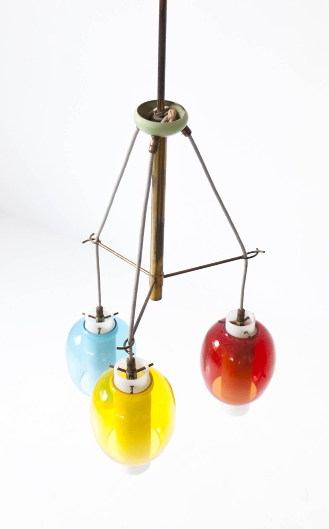 Mid-20th Century Italian Midcentury Modern Brass and Colored Glass Chandelier, 1950s