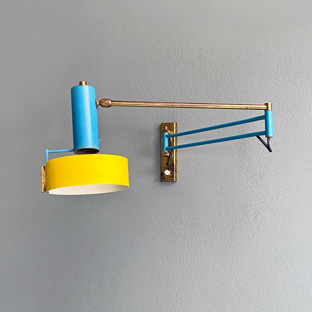 Mid-20th Century Italian mid century modern brass and colored metal adjustable arm lamp, 1950s For Sale