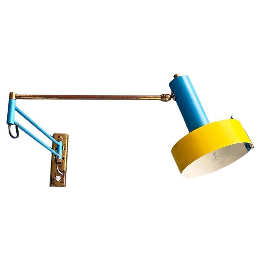 Italian mid century modern brass and colored metal adjustable arm lamp, 1950s