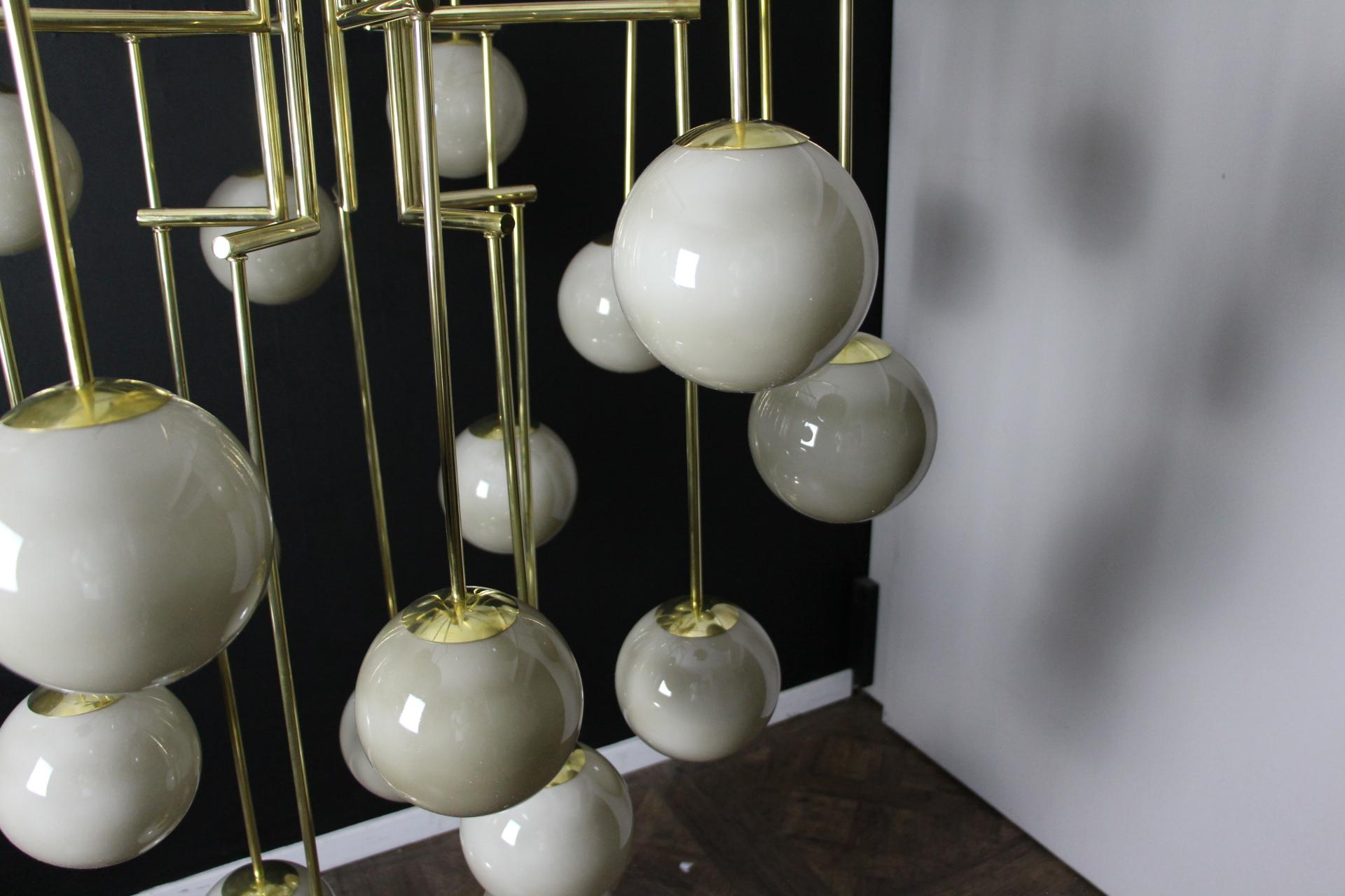 Contemporary Italian Mid-Century Modern Brass and Glass Long Chandelier