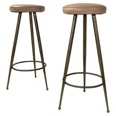 Italian mid-century modern brass and leatherette high bar stools, 1950s 