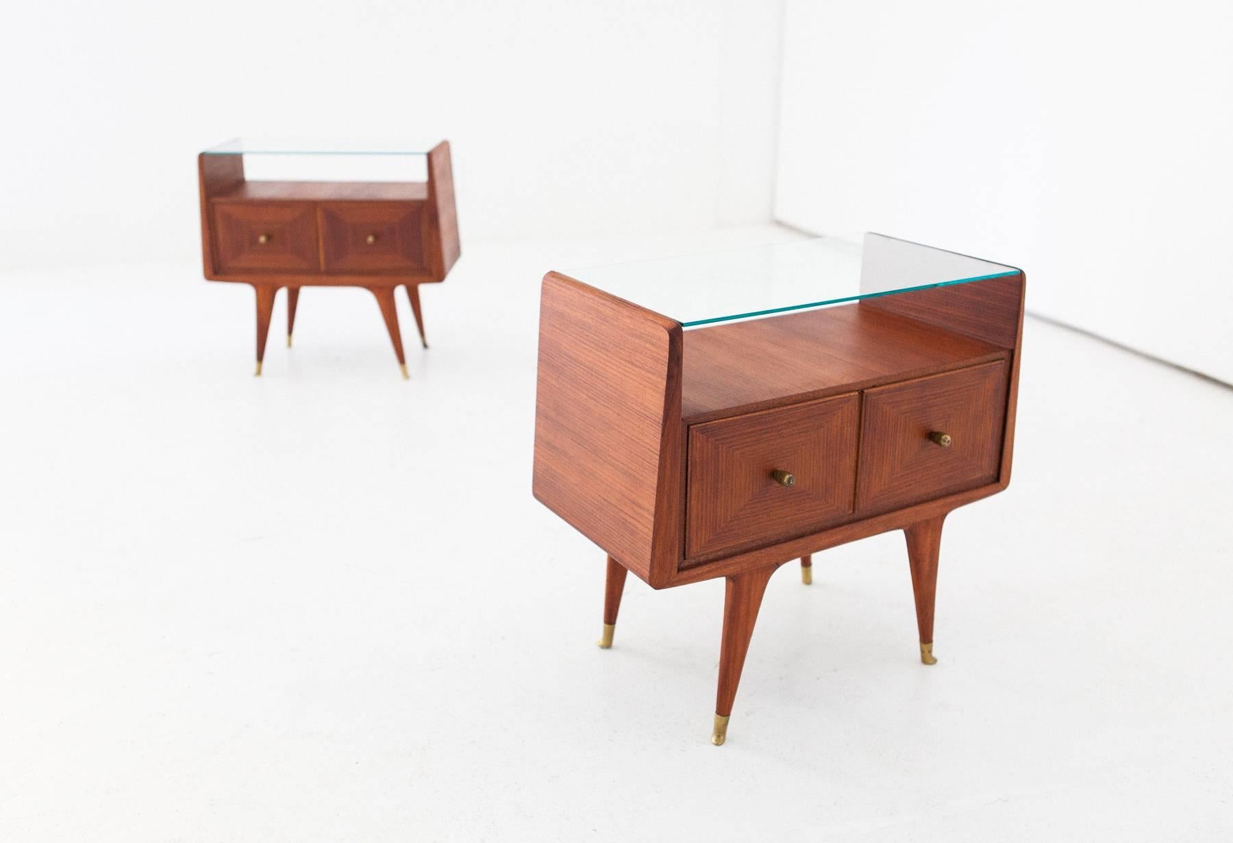 Mid-20th Century Italian Mid-Century Modern Brass and Mahogany Bedside Tables Nightstands, 1950s