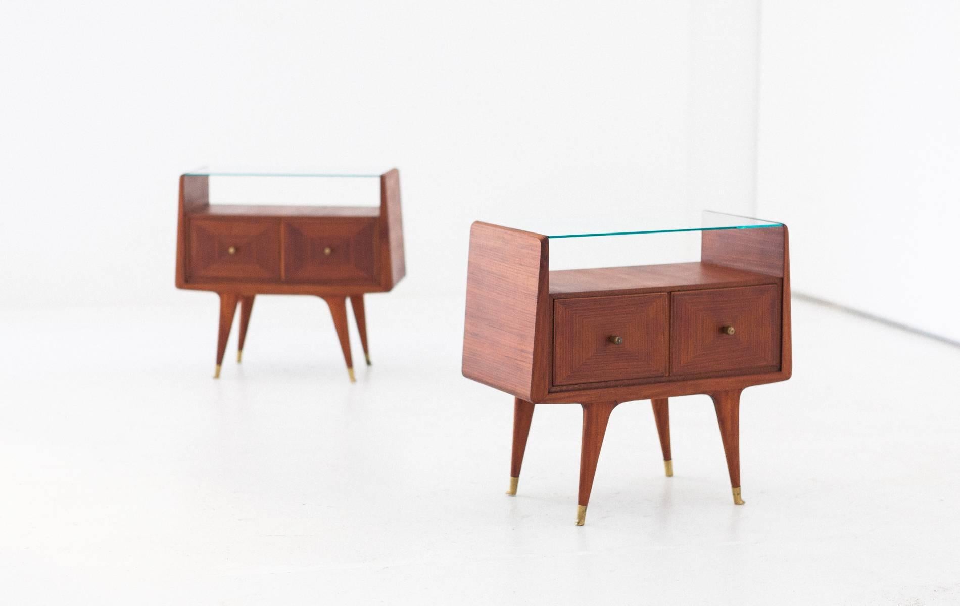 Glass Italian Mid-Century Modern Brass and Mahogany Bedside Tables Nightstands, 1950s