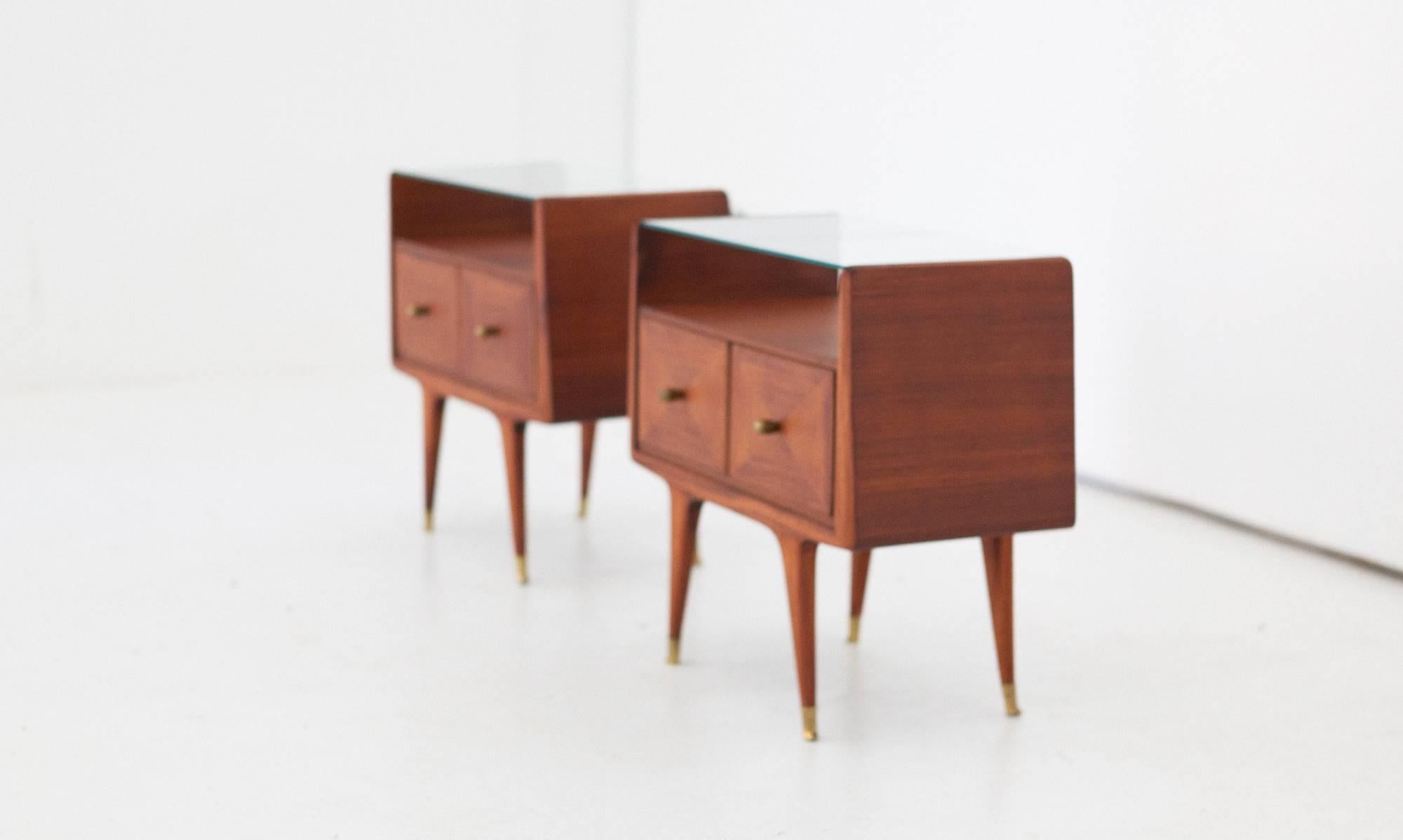 Italian Mid-Century Modern Brass and Mahogany Bedside Tables Nightstands, 1950s 1