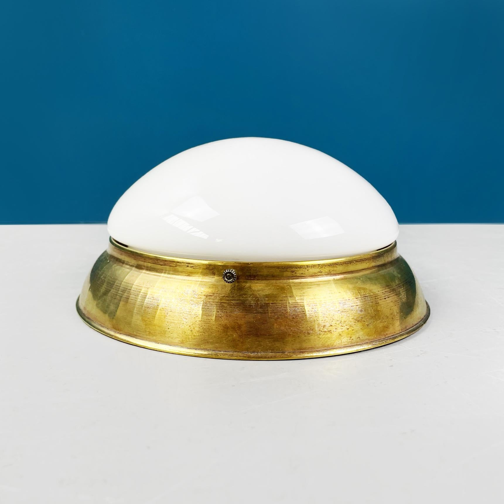 Mid-Century Modern Italian mid-century modern Brass and opaline glass round wall lights, 1960s For Sale