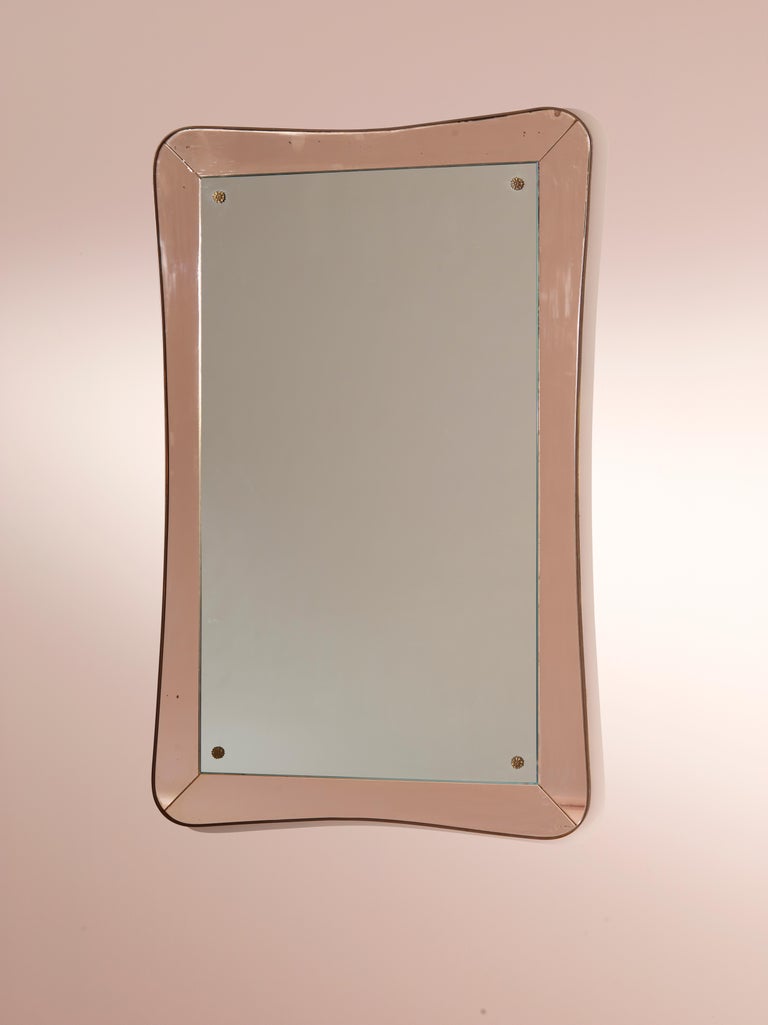 Italian MidCentury Modern Brass and Pink Glass Wall Mirror, 1950s For