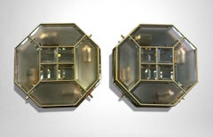 Italian Mid-Century Modern Brass And Satin Glass Ceiling Lights Pair